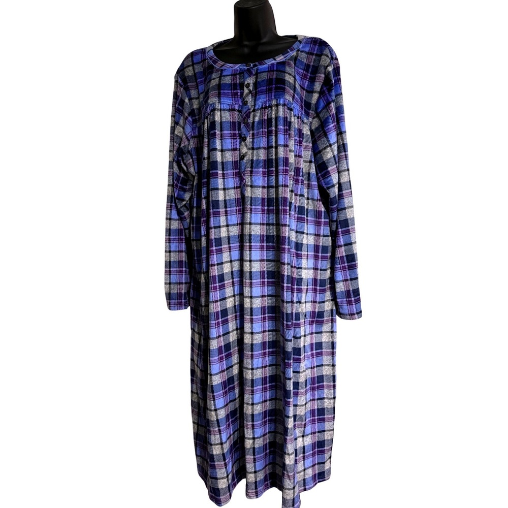 Aria Collection Blue Purple Plaid Fleece Nightgown Long Sleeve Plus Size 3X
